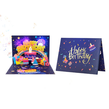 90° 3D Pop Up Musical Happy Birthday Card with Light & Song, Musical Staff Cake Design