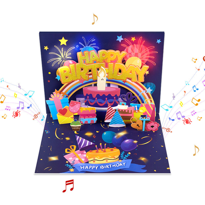90° 3D Pop Up Musical Happy Birthday Card with Light & Song, Musical Staff Cake Design