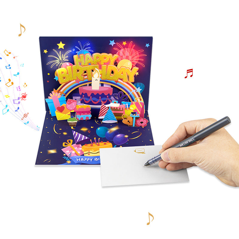 90° 3D Pop Up Musical Happy Birthday Card with Light & Song, Musical Staff Cake Design
