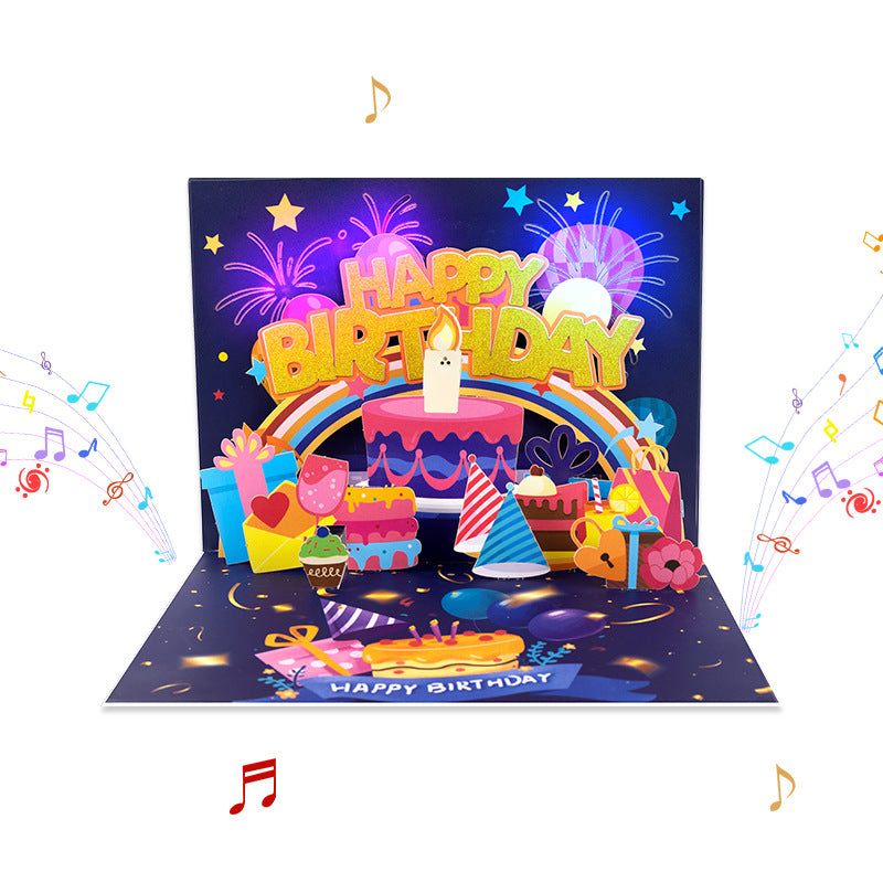 90° 3D Pop Up Musical Happy Birthday Card with Light & Song, Musical Staff Cake Design