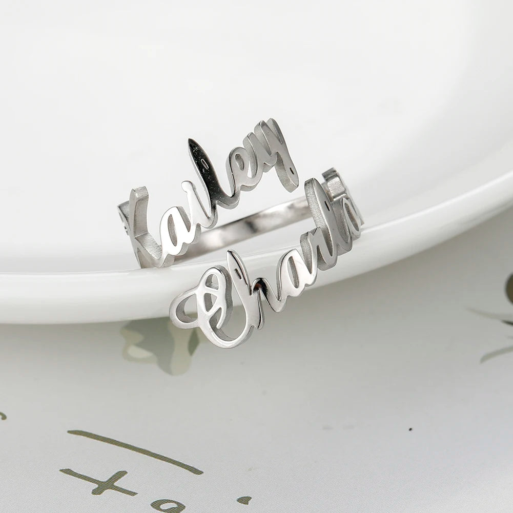 Custom Double First Name Finger Ring For Women Men Personalized Rings Couple Family Gift Gold Color Stainless Steel Jewelry