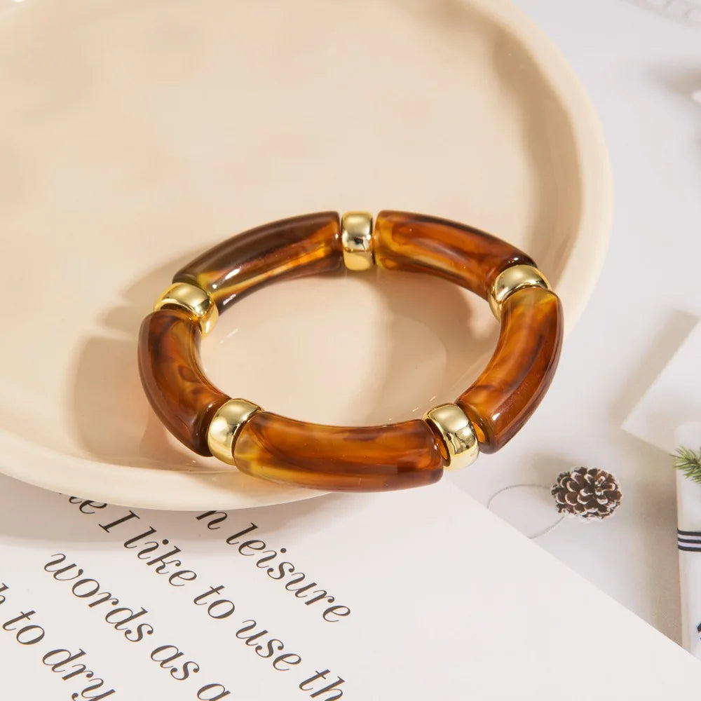Personality Retro Multicolour Acrylic Bend Bangle for Women Charm Curved Bamboo Pipe Stone Grain Bracelet Jewelry Accessory Gift