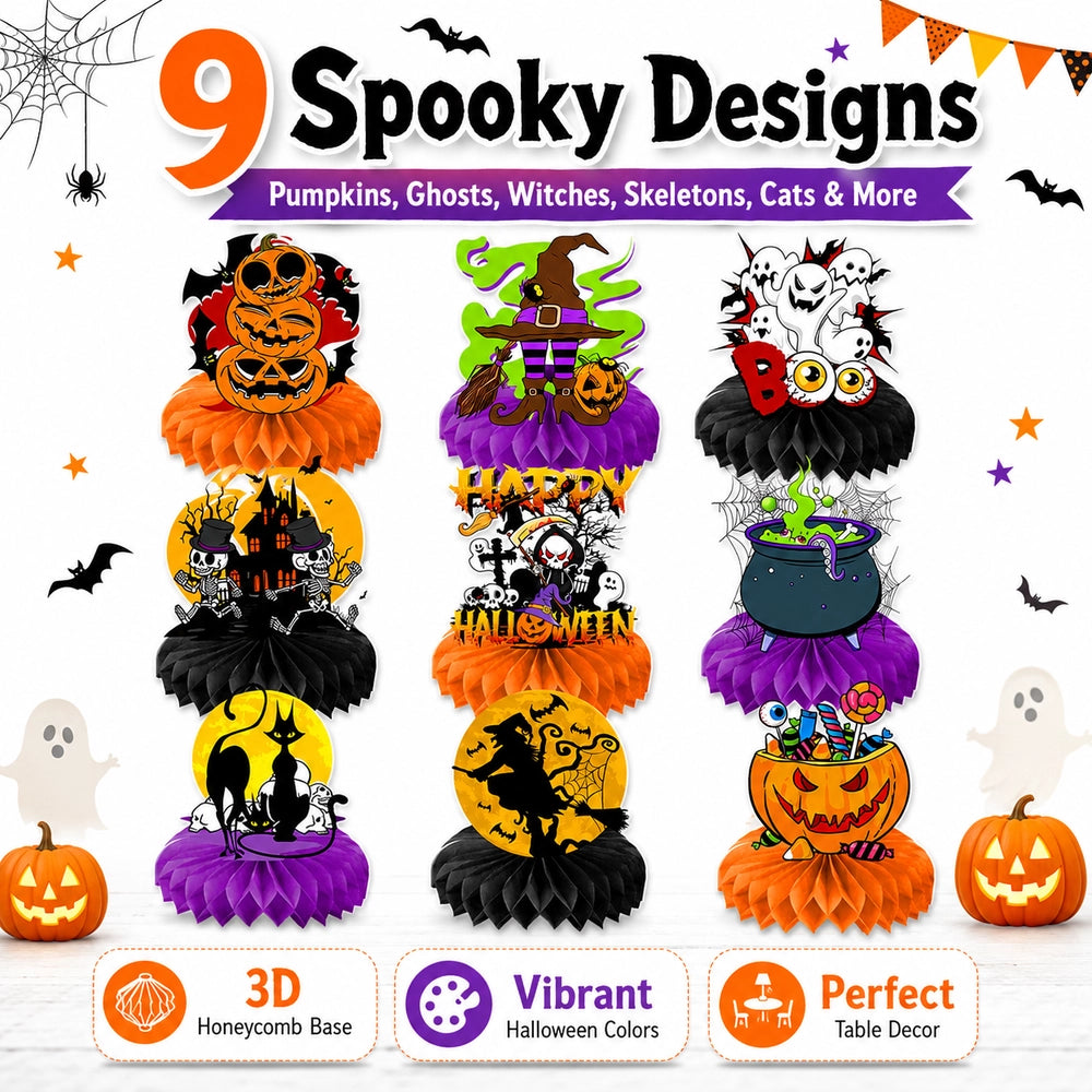 9PCS Halloween Honeycomb Centerpieces – Pumpkin, Ghost & Witch Table Party Decorations