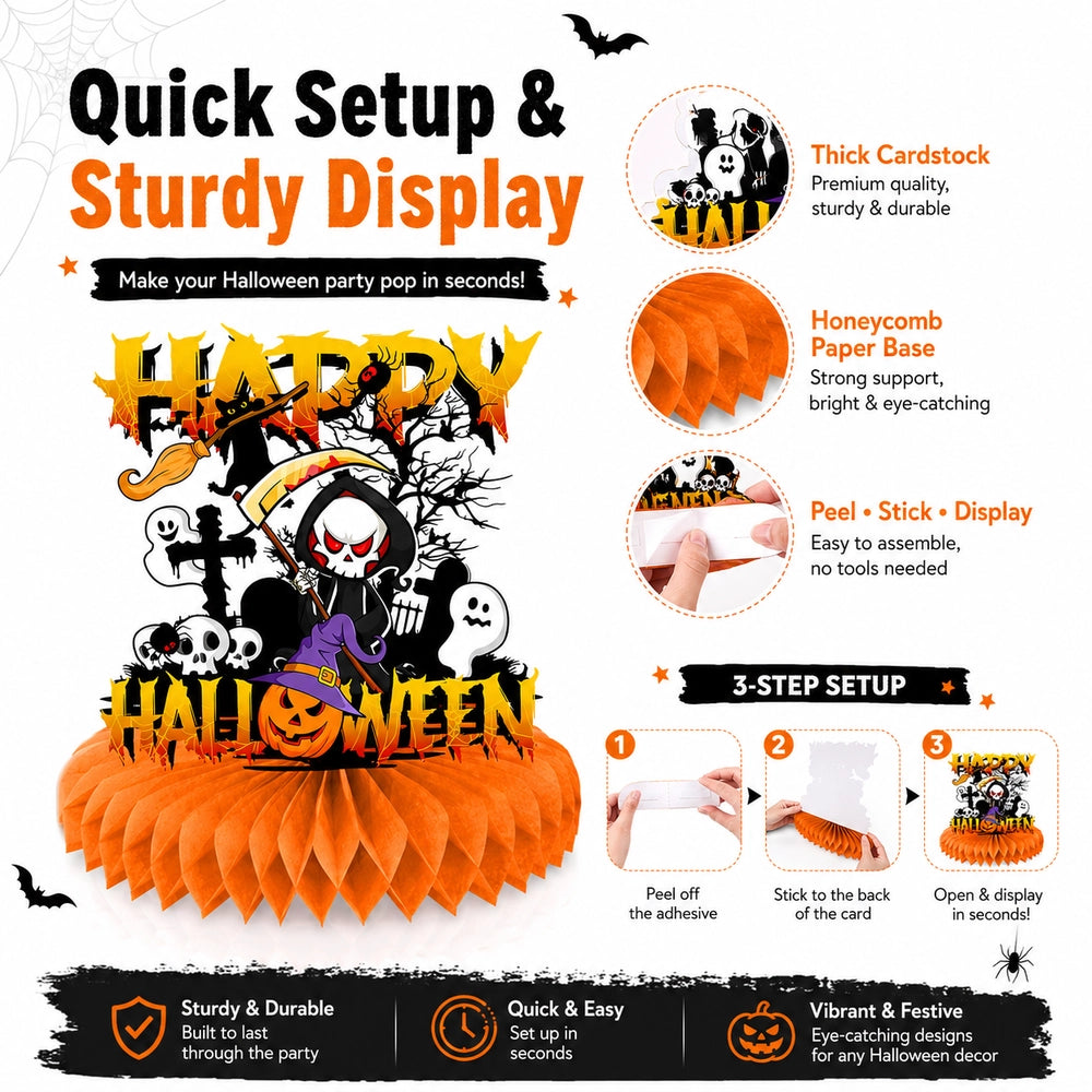 9PCS Halloween Honeycomb Centerpieces – Pumpkin, Ghost & Witch Table Party Decorations