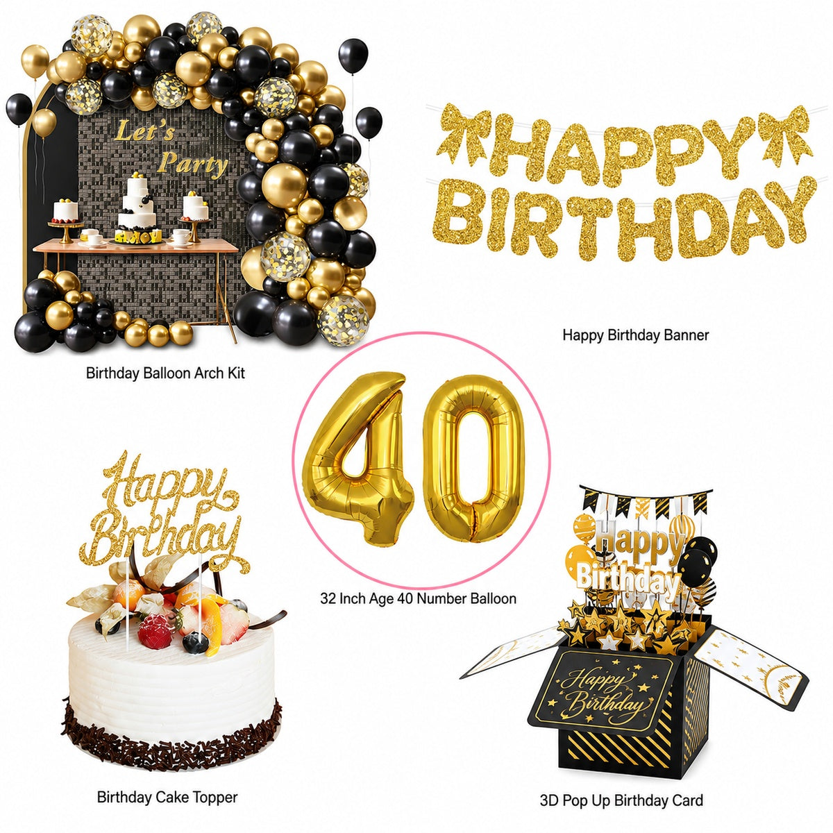All-in-One Black-Gold Birthday Decoration Kit with Balloon Arch Garland, 32-Inch Number Balloons, Birthday Banner & Cake Topper , 3D Popup Birthday Card