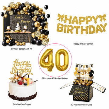 All-in-One Black-Gold Birthday Decoration Kit with Balloon Arch Garland, 32-Inch Number Balloons, Birthday Banner & Cake Topper , 3D Popup Birthday Card
