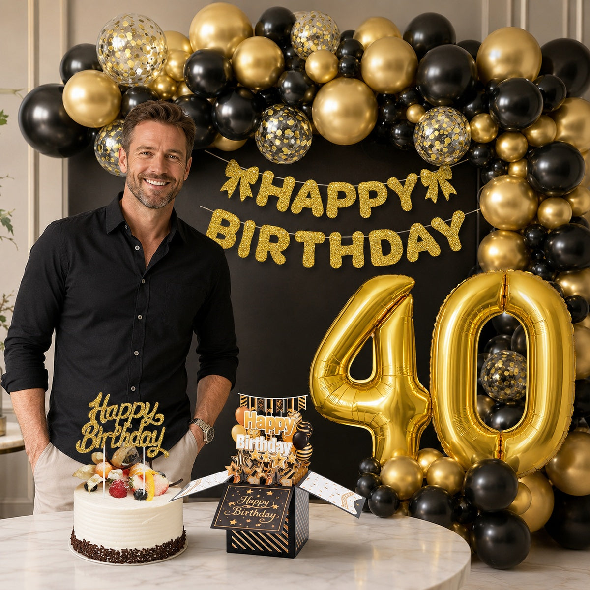 All-in-One Black-Gold Birthday Decoration Kit with Balloon Arch Garland, 32-Inch Number Balloons, Birthday Banner & Cake Topper , 3D Popup Birthday Card
