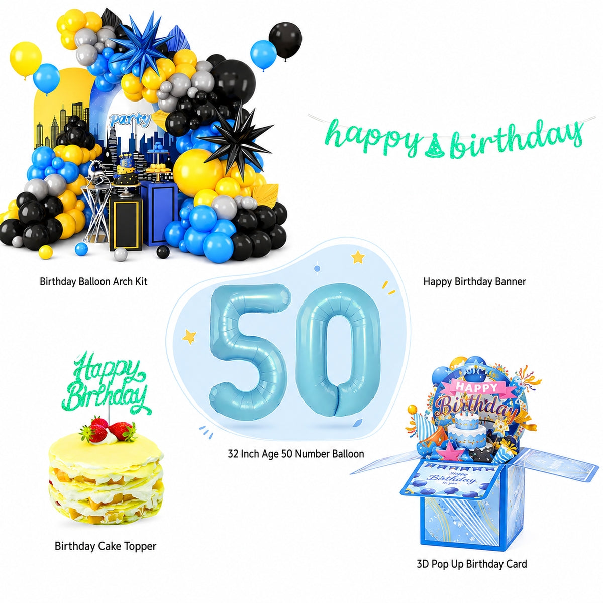 All-in-One Blue Birthday Decoration Kit with Balloon Arch Garland, 32-Inch Age Number Balloons, Happy Birthday Banner & Cake Topper , 3D Popup Birthday Card