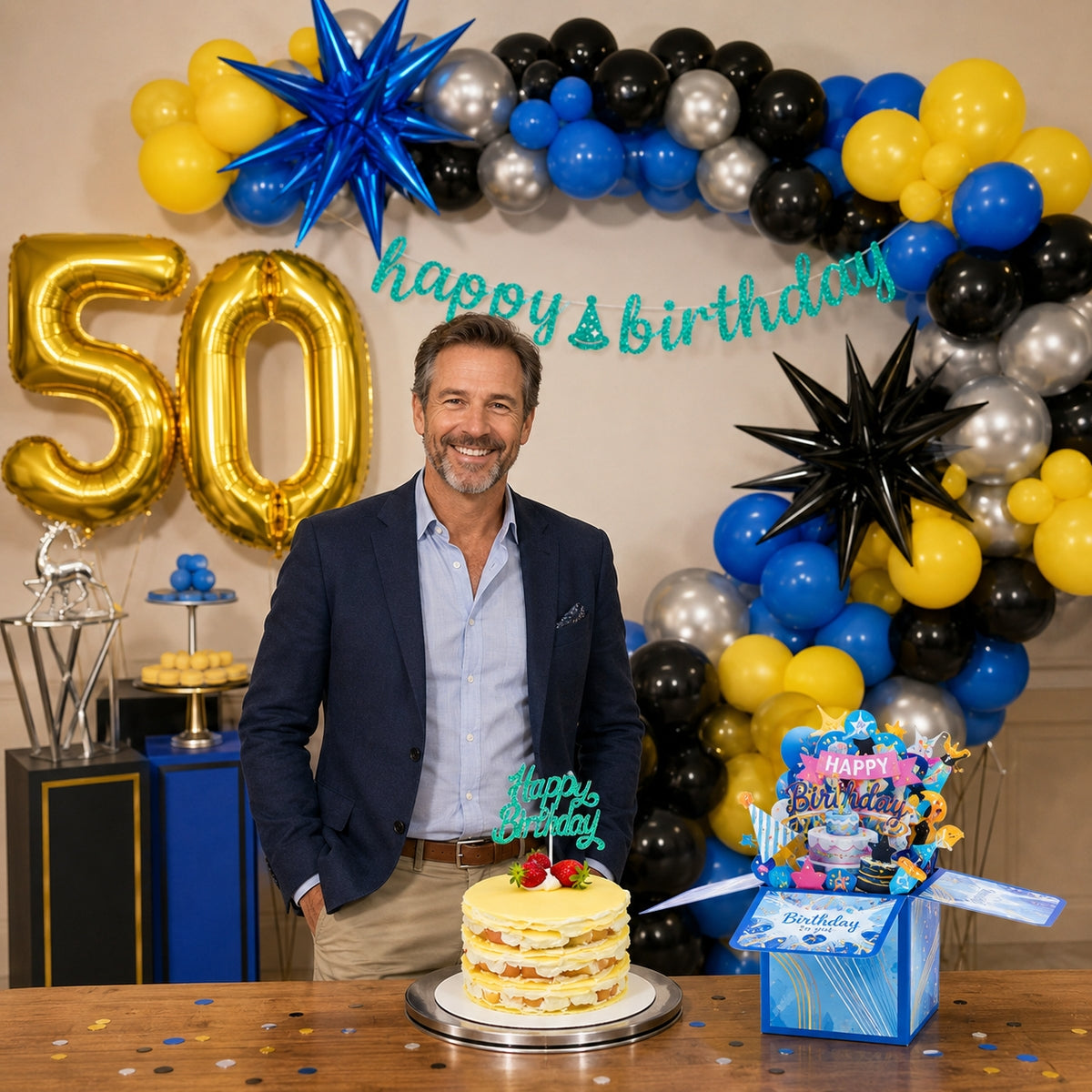 All-in-One Blue Birthday Decoration Kit with Balloon Arch Garland, 32-Inch Age Number Balloons, Happy Birthday Banner & Cake Topper , 3D Popup Birthday Card