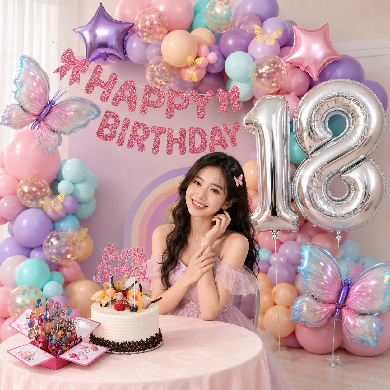 All-in-One Pink Birthday Decoration Kit with Balloon Arch Garland, 32-Inch Number Balloons, Birthday Banner & Cake Topper , 3D Popup Birthday Card