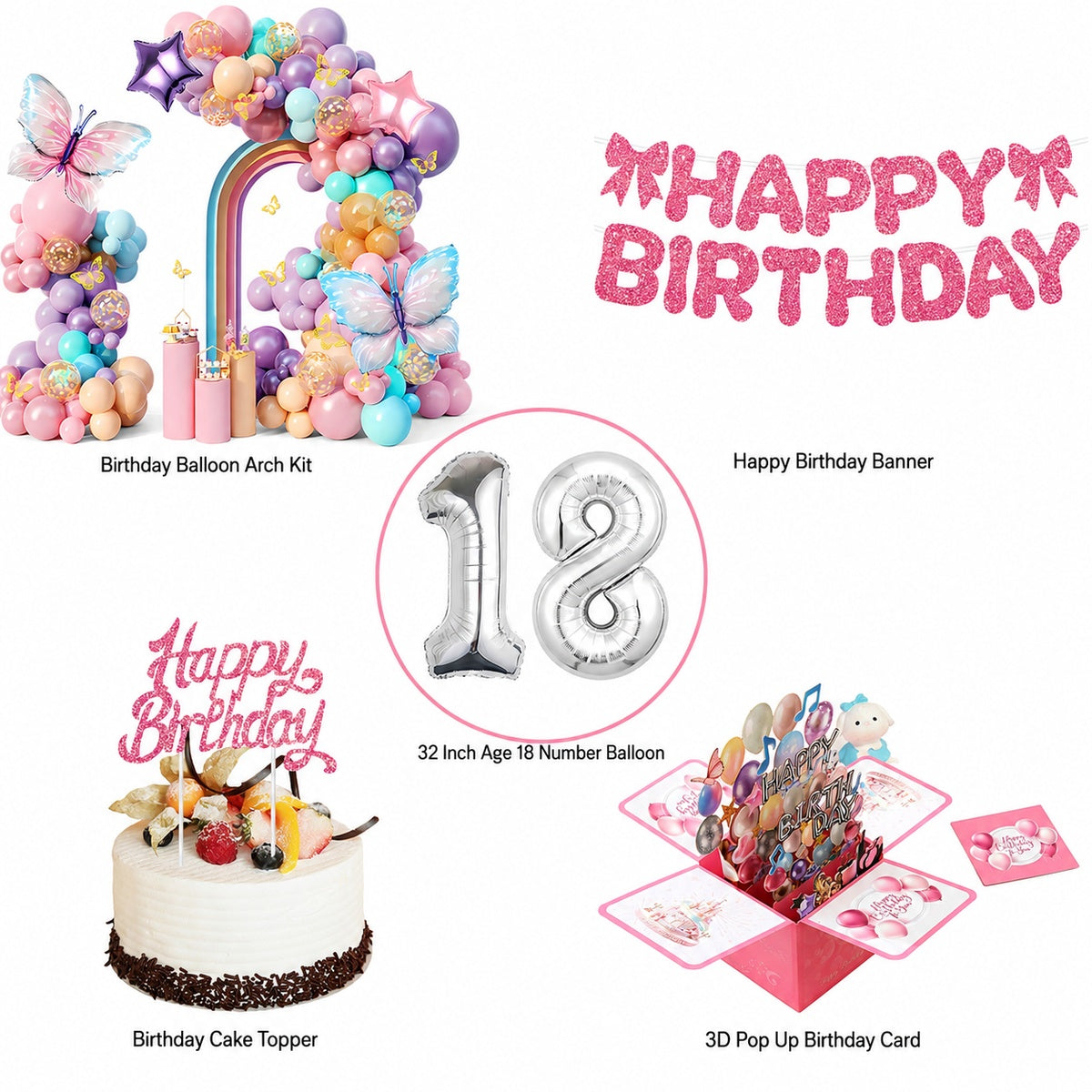 All-in-One Pink Birthday Decoration Kit with Balloon Arch Garland, 32-Inch Number Balloons, Birthday Banner & Cake Topper , 3D Popup Birthday Card