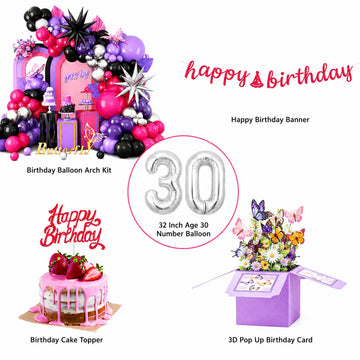 All-in-One Purple-Red Birthday Decoration Kit with Balloon Arch Garland, 32-Inch Number Balloons, Birthday Banner & Cake Topper , 3D Popup Birthday Card