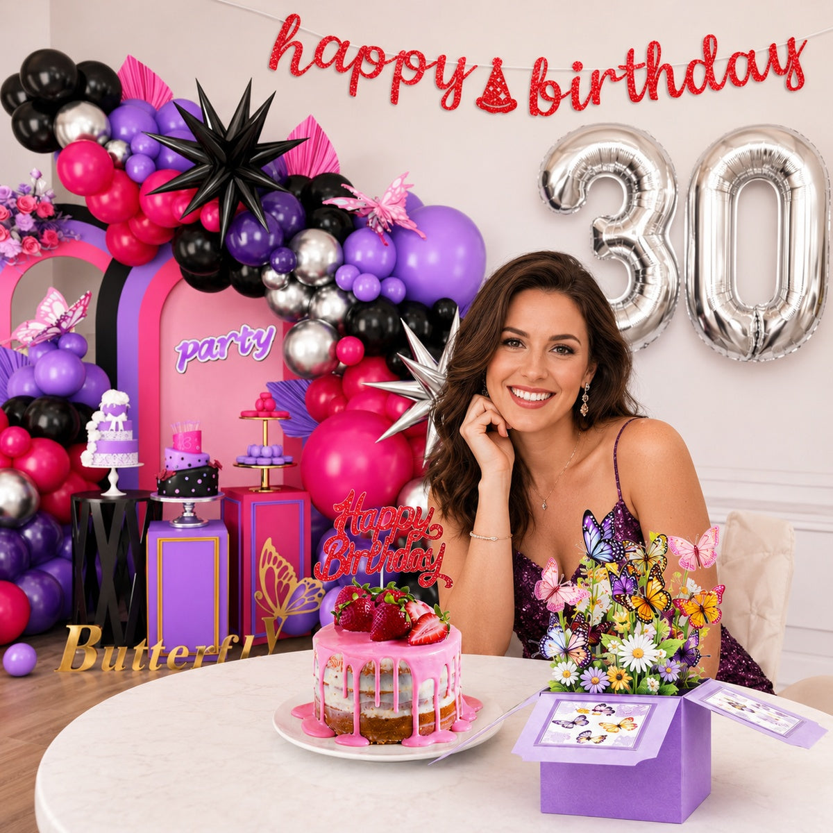 All-in-One Purple-Red Birthday Decoration Kit with Balloon Arch Garland, 32-Inch Number Balloons, Birthday Banner & Cake Topper , 3D Popup Birthday Card