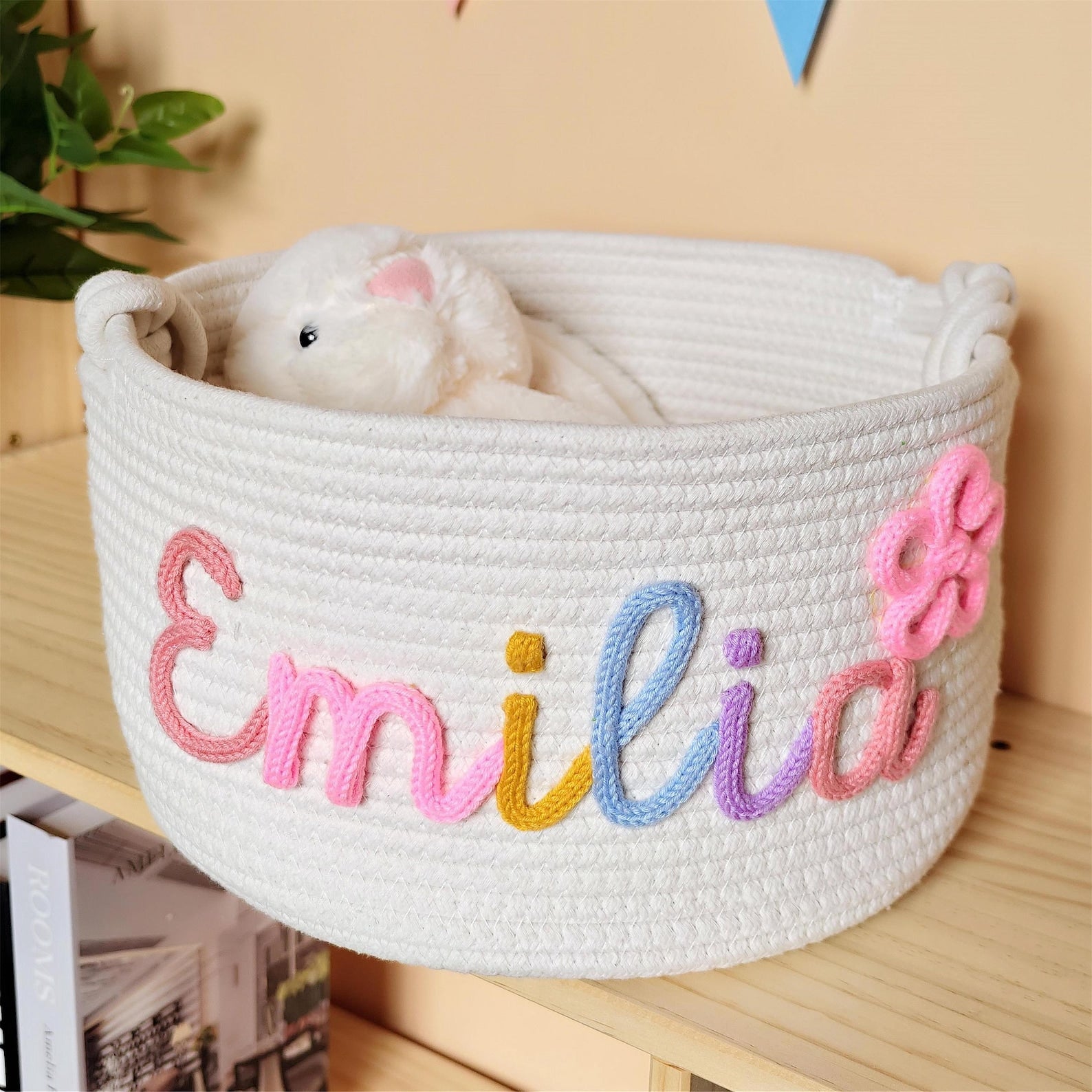 Personalized Baby Name Basket: Custom Baby Shower Gift Basket, Cotton Rope Nursery Storage Organizer