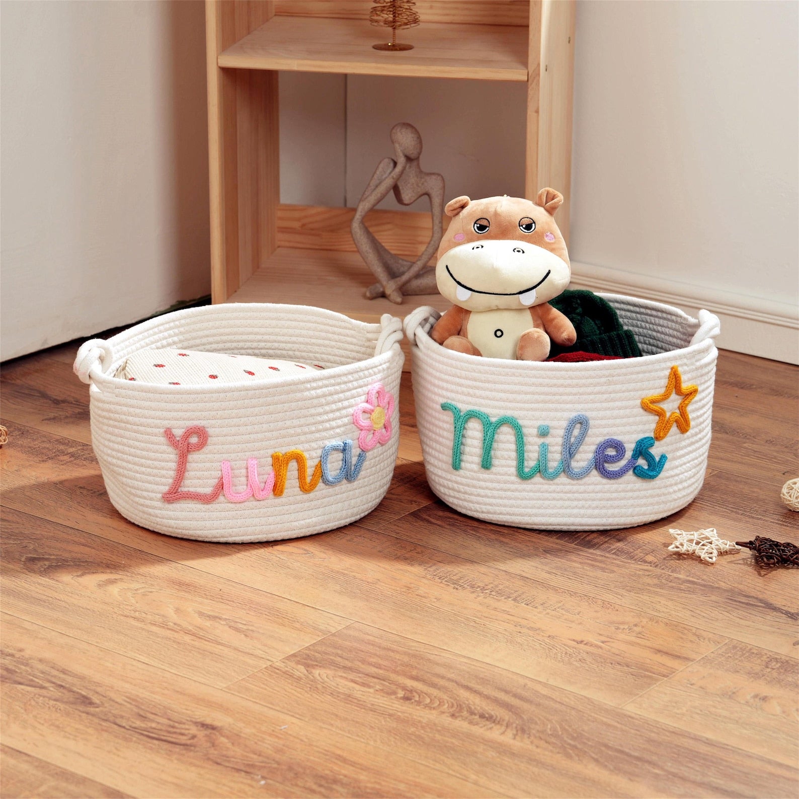 Personalized Baby Name Basket: Custom Baby Shower Gift Basket, Cotton Rope Nursery Storage Organizer