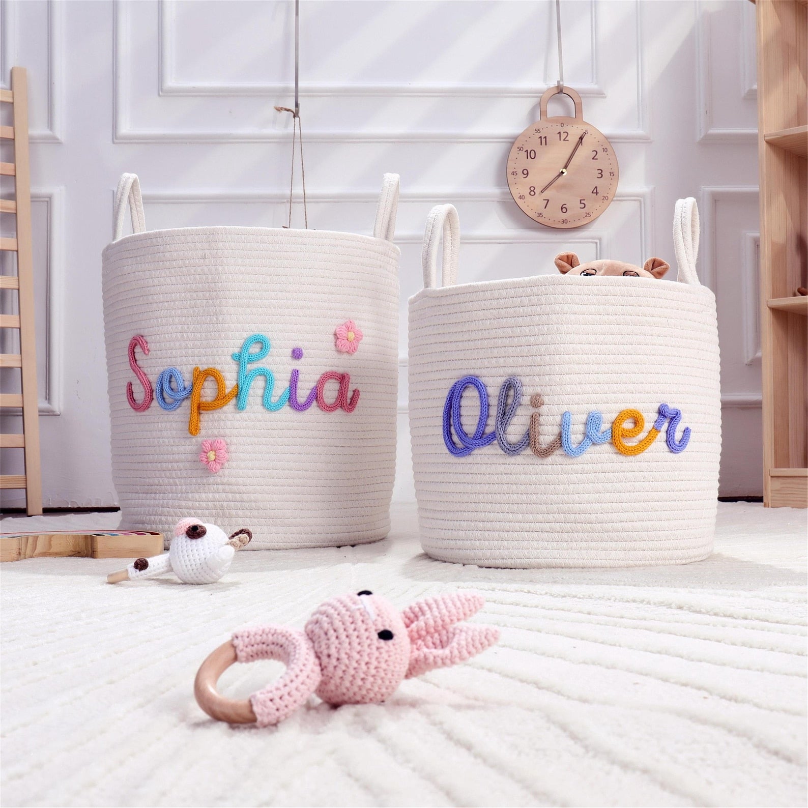 Personalized Baby Name Basket: Custom Baby Shower Gift Basket, Cotton Rope Nursery Storage Organizer