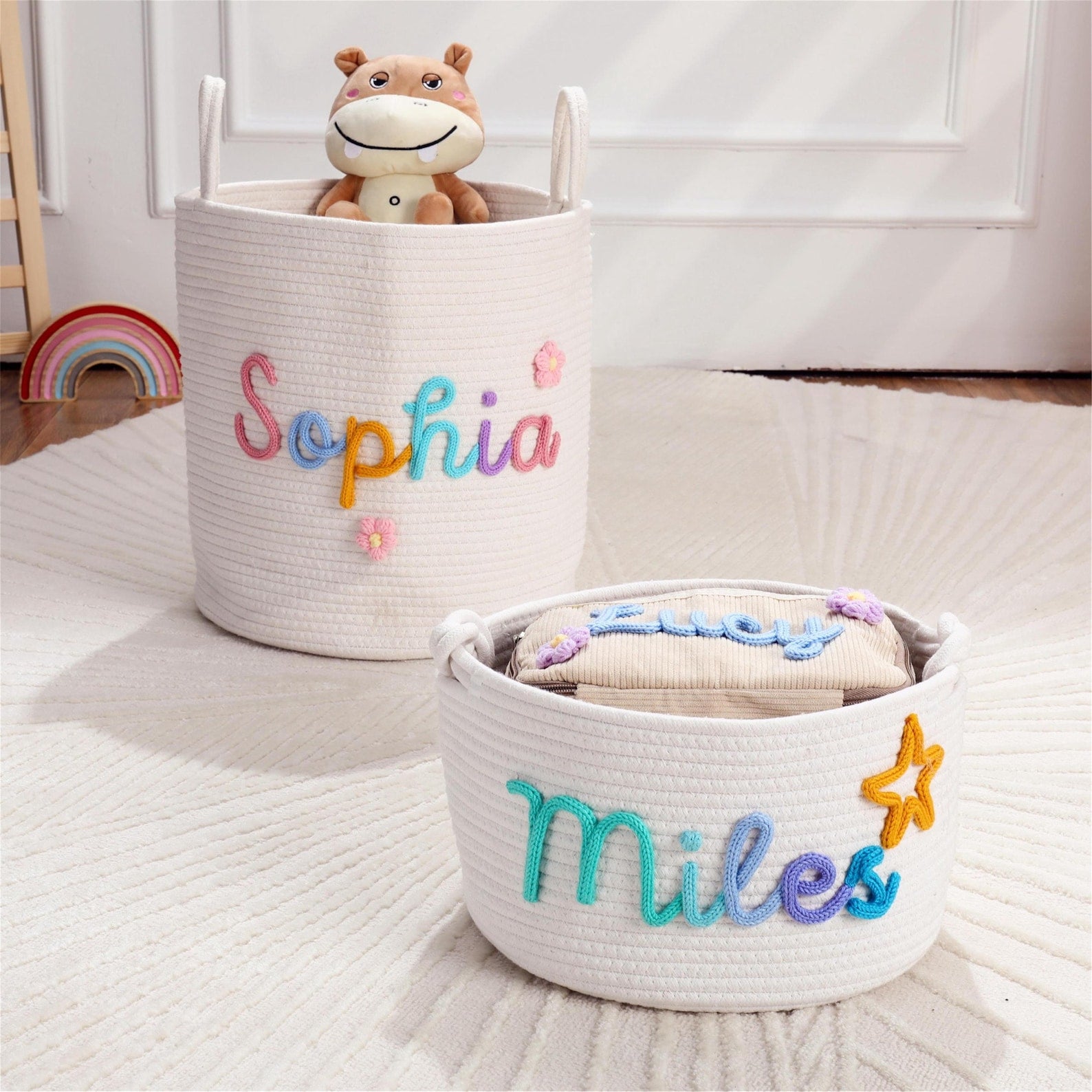 Personalized Baby Name Basket: Custom Baby Shower Gift Basket, Cotton Rope Nursery Storage Organizer