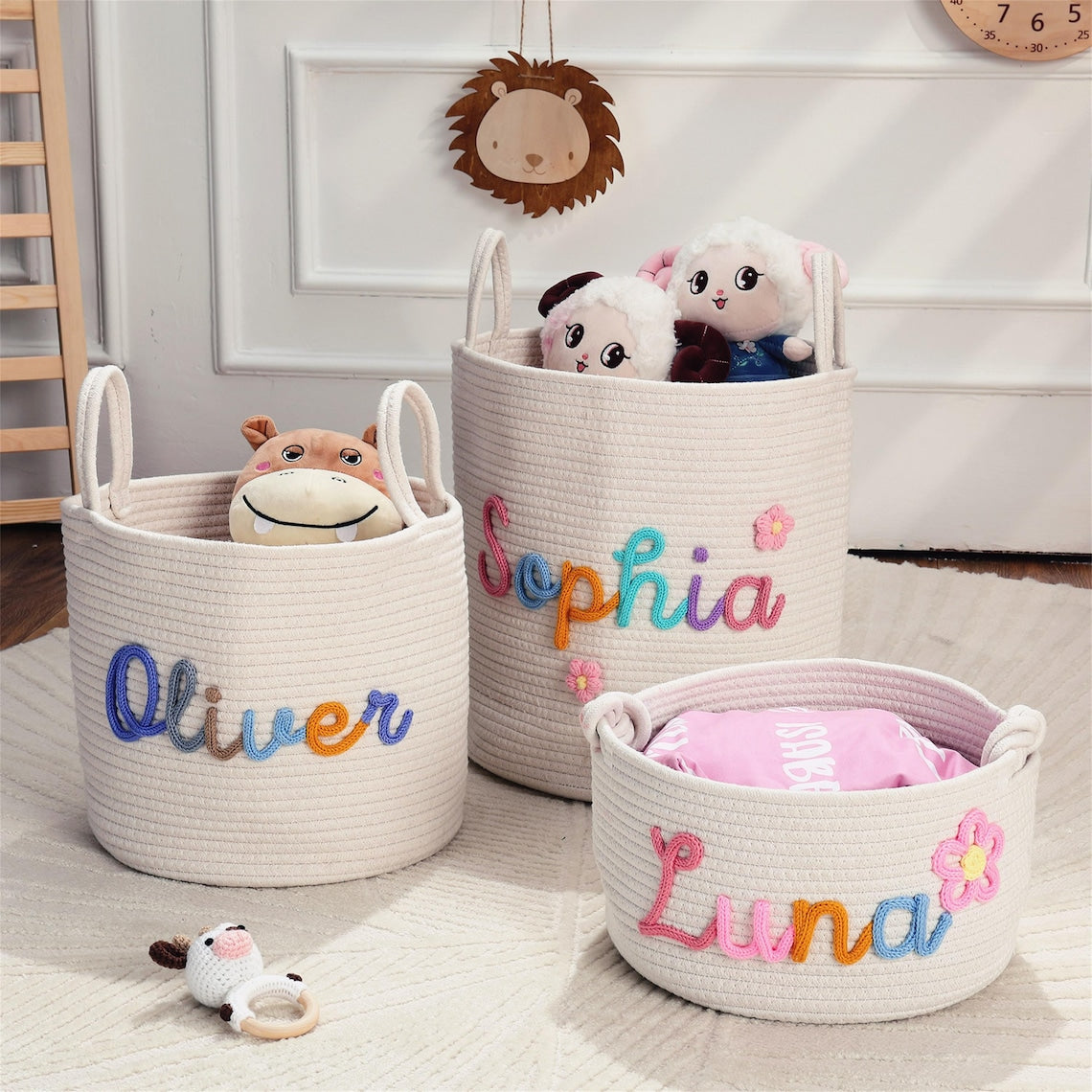 Personalized Baby Name Basket: Custom Baby Shower Gift Basket, Cotton Rope Nursery Storage Organizer