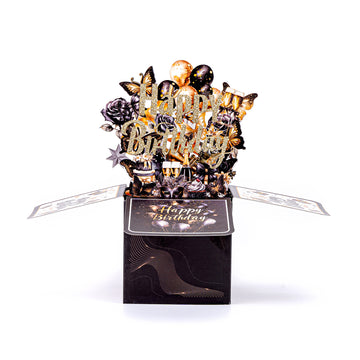 3D Pop Up Happy Birthday Cards, Black Birthday Greeting Card with Balloon/ Butterfly/ Flower