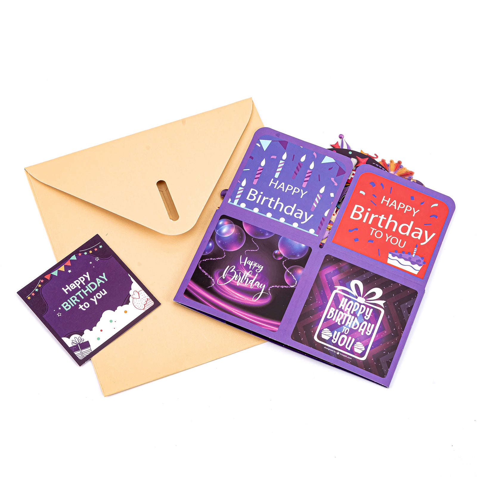 Thksyo Purple Happy Birthday Pop Up Card, 3D Birthday Gift Box for Adults and Kids with Envelopes, Unique Handmade Foldable Celebration Cards for Daughter, Son, Mom, Dad, Friend