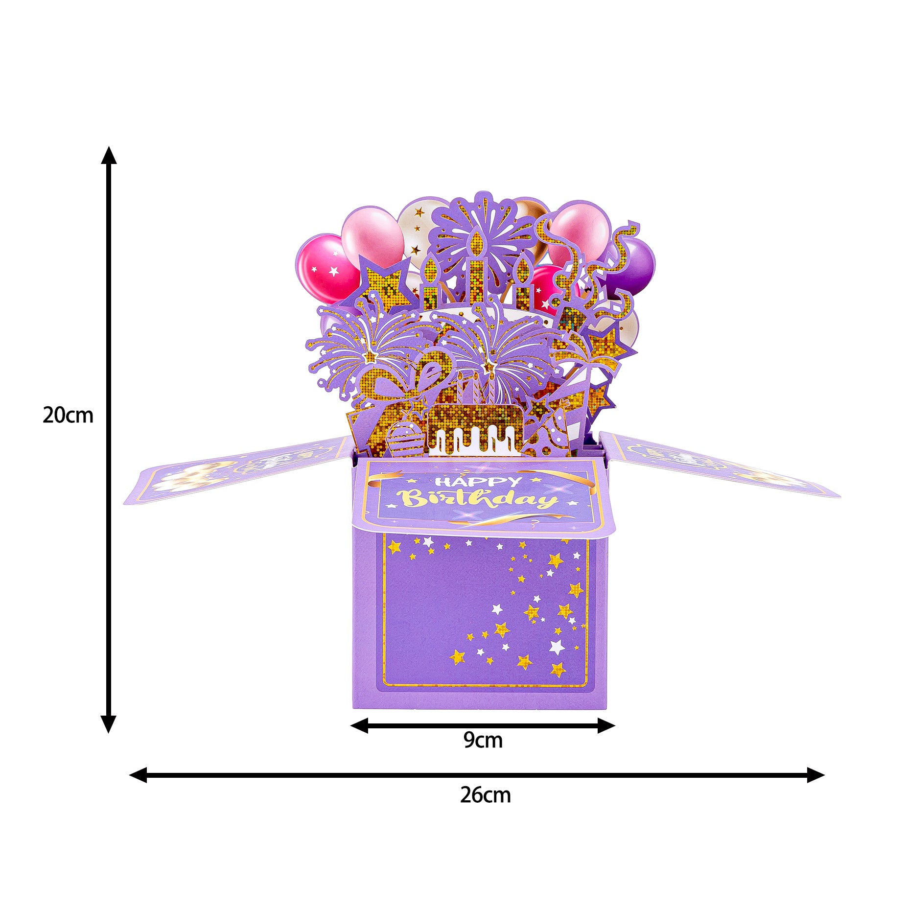 Purple Gold Foil Happy Birthday Cards, 3D Popup Birthday Card with Golden Stamping Cake Balloon Pattern