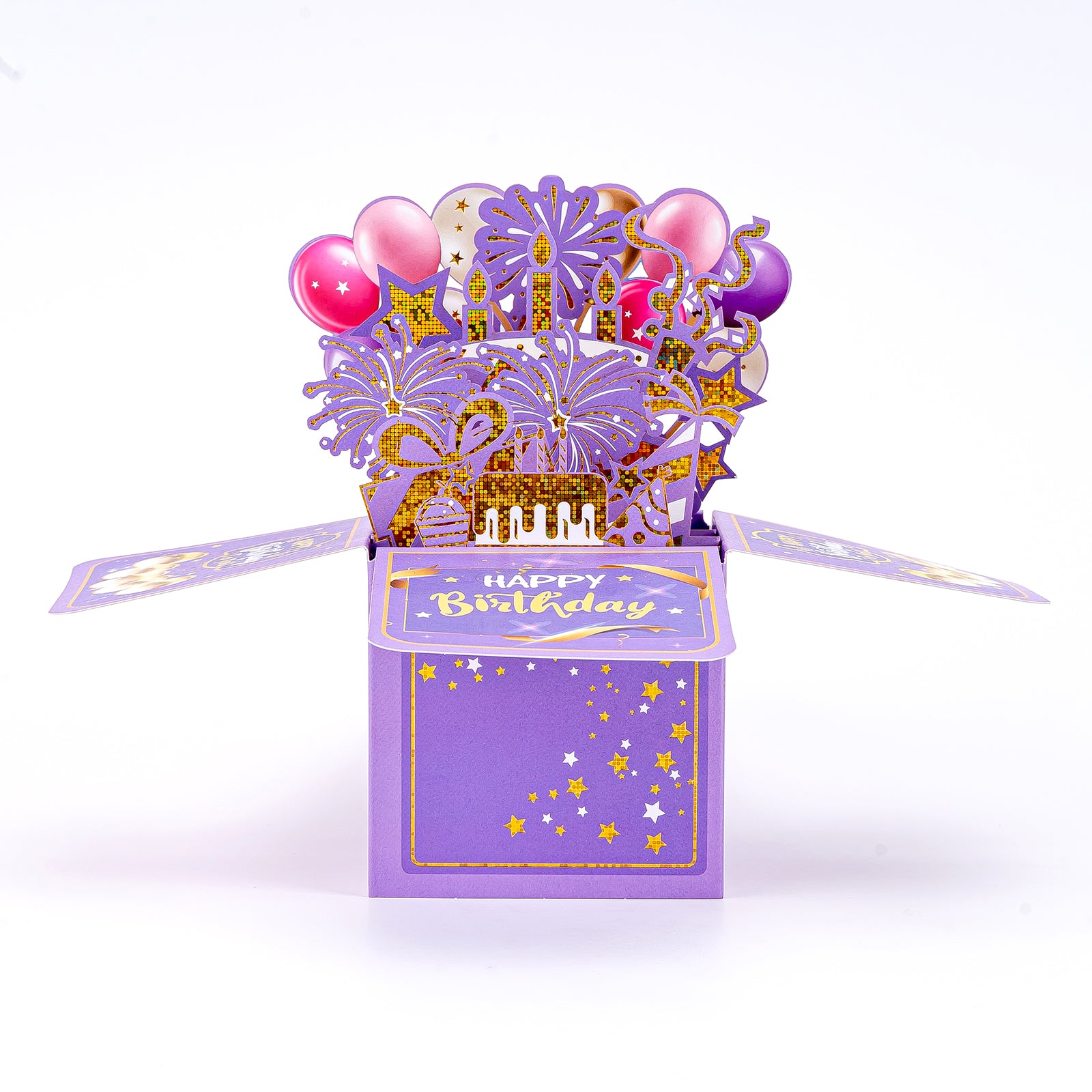 Thksyo Purple Happy Birthday Pop Up Card, 3D Birthday Gift Box for Adults and Kids with Envelopes, Unique Handmade Foldable Celebration Cards for Daughter, Son, Mom, Dad, Friend