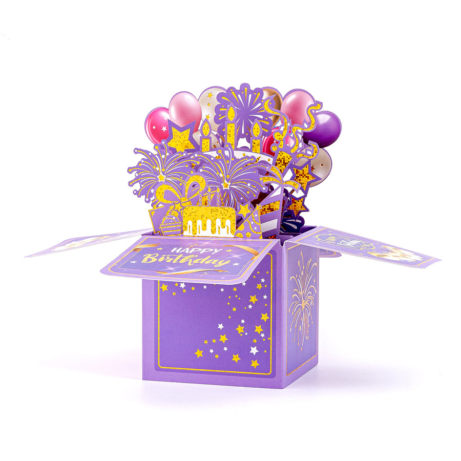 Purple Happy Birthday Cards, 3D Pop Up Birthday Greeting Card Gift for Adults and Kids with Envelopes