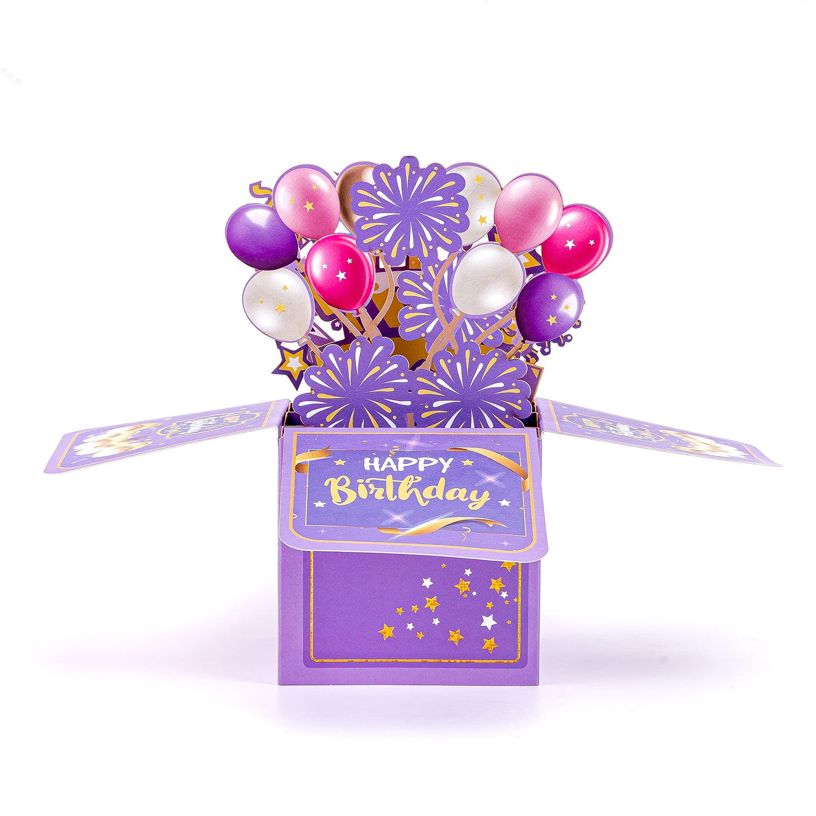 Thksyo Purple Happy Birthday Pop Up Card, 3D Birthday Gift Box for Adults and Kids with Envelopes, Unique Handmade Foldable Celebration Cards for Daughter, Son, Mom, Dad, Friend
