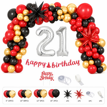 All-in-One Red Birthday Decoration Kit with Balloon Garland, 32-Inch Number Balloons, Happy Birthday Banner & Cake Topper Party Set