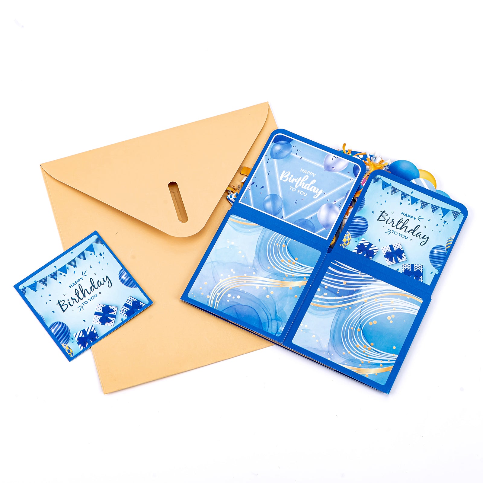 Blue 3D Pop-Up Birthday Box Card – Vibrant Blue Birthday Greeting Card with Crown Cake, Disco Ball & Party Props | Includes Blank Note Card & Envelope