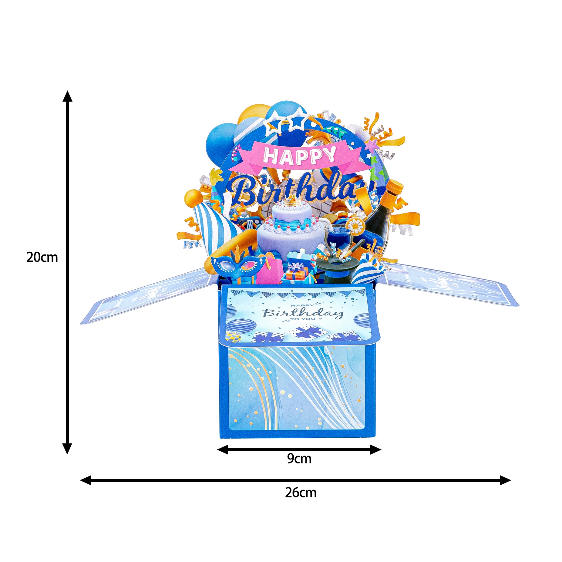 Blue 3D Pop-Up Birthday Box Card – Vibrant Blue Birthday Greeting Card with Crown Cake, Disco Ball & Party Props | Includes Blank Note Card & Envelope