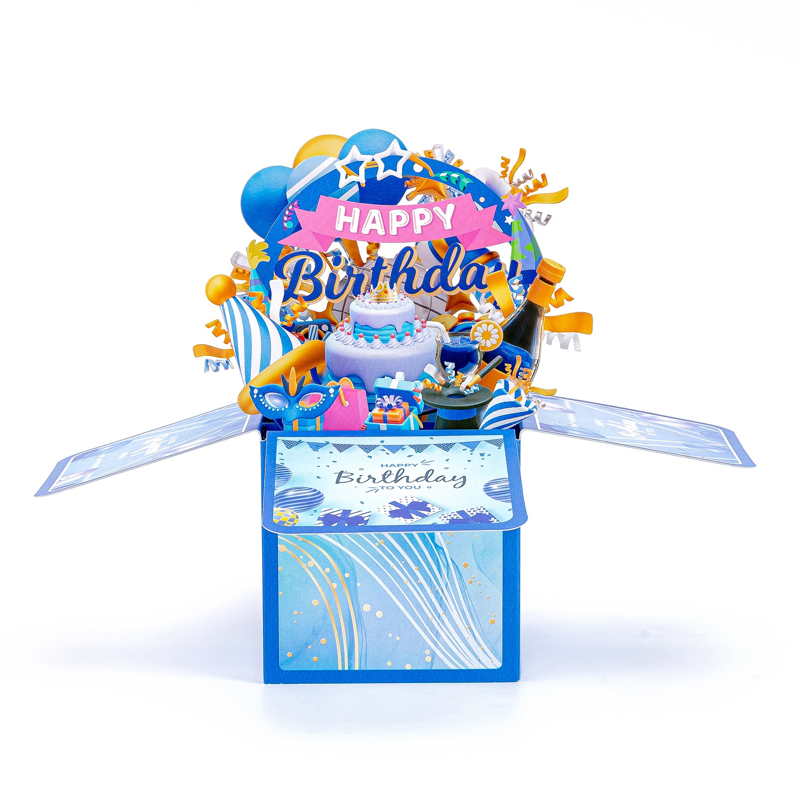 Blue 3D Pop-Up Birthday Box Card – Vibrant Blue Birthday Greeting Card with Crown Cake, Disco Ball & Party Props | Includes Blank Note Card & Envelope
