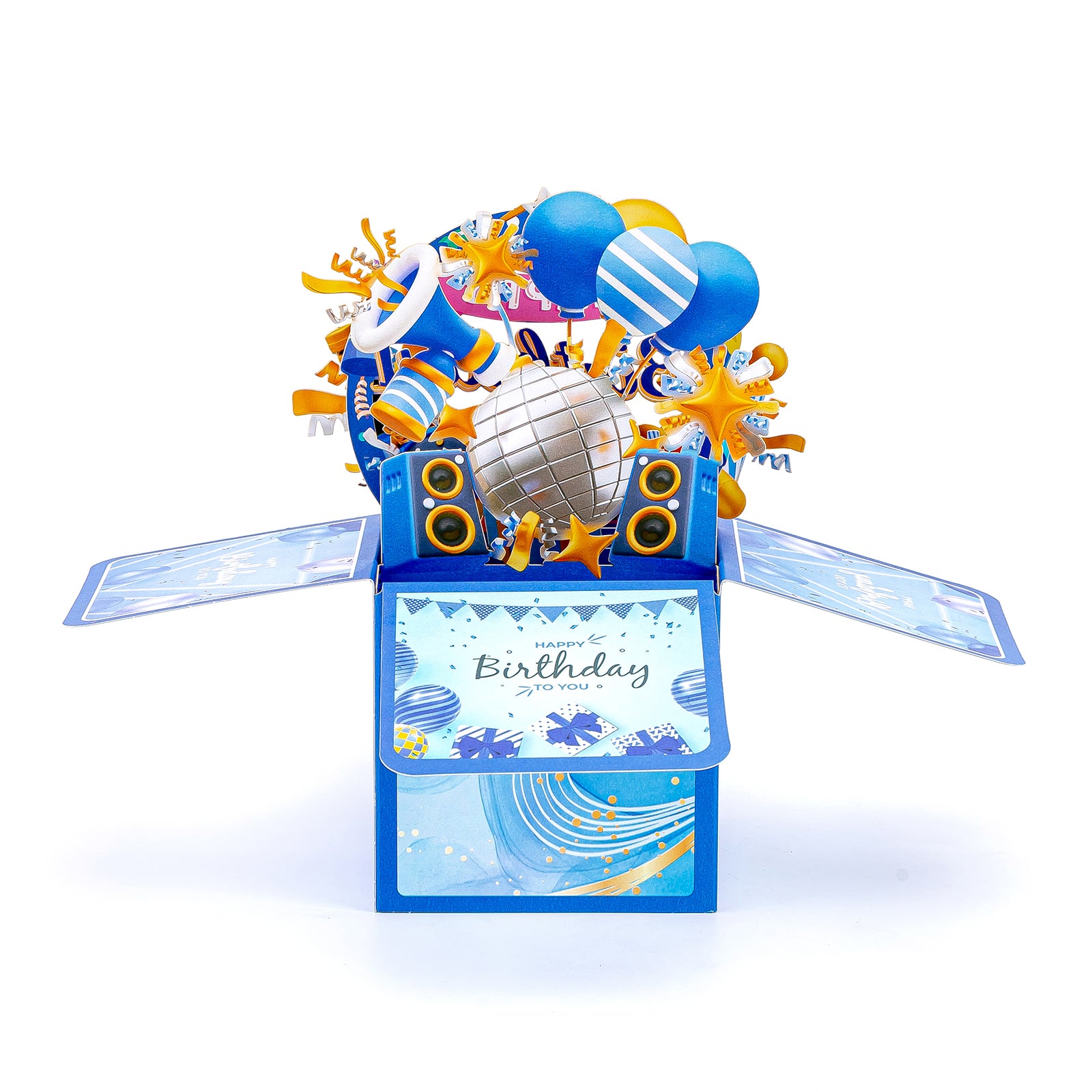 Blue 3D Pop-Up Birthday Box Card – Vibrant Blue Birthday Greeting Card with Crown Cake, Disco Ball & Party Props | Includes Blank Note Card & Envelope