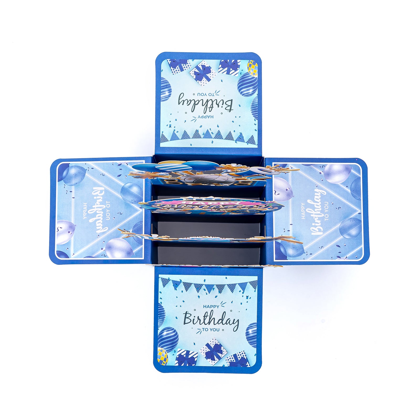 Blue 3D Pop-Up Birthday Box Card – Vibrant Blue Birthday Greeting Card with Crown Cake, Disco Ball & Party Props | Includes Blank Note Card & Envelope