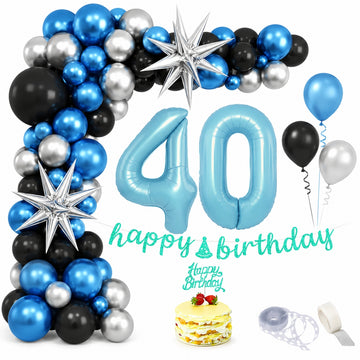 All-in-One Black Silver Blue Birthday Decoration Kit with Balloon Garland, 32-Inch Number Balloons, Happy Birthday Banner & Cake Topper Party Set