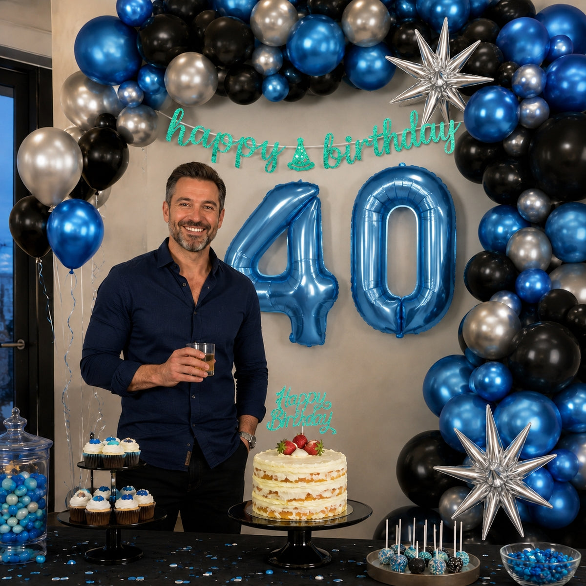 All-in-One Black Silver Blue Birthday Decoration Kit with Balloon Garland, 32-Inch Number Balloons, Happy Birthday Banner & Cake Topper Party Set