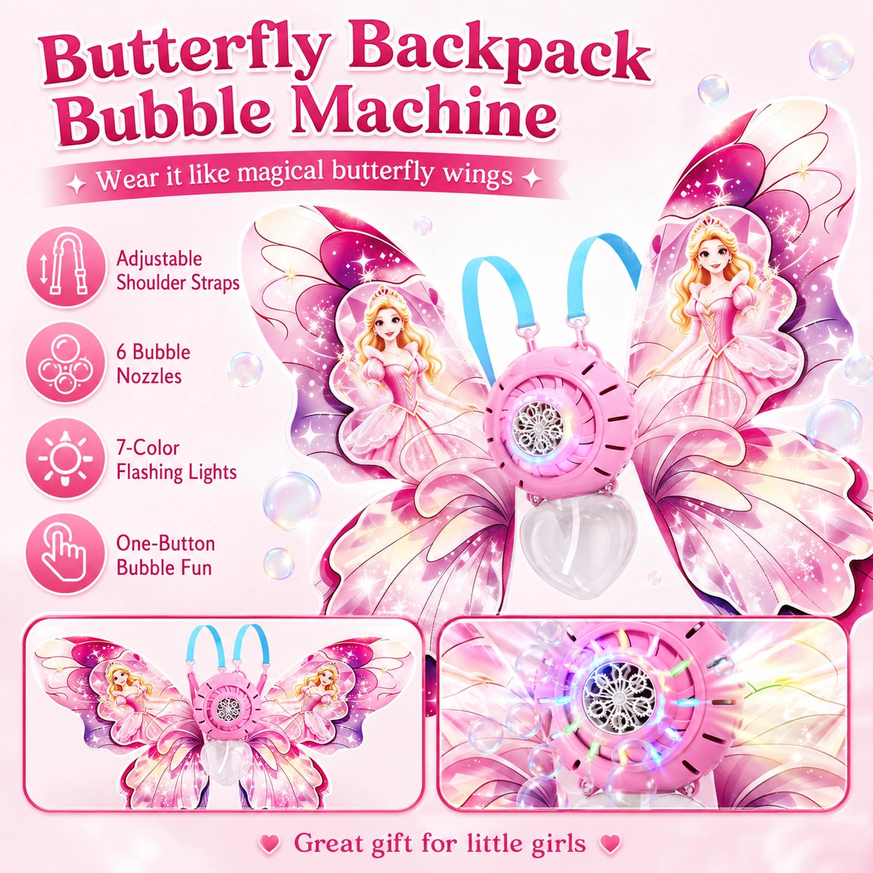 Butterfly Backpack Automatic Bubble Machine for Girls, Electric Bubble Blower Toy with Adjustable Shoulder Straps, 6 Bubble Nozzles, Colorful Flashing Lights, One-Button Bubble Maker for Kids, Outdoor Party & Birthday Gifts