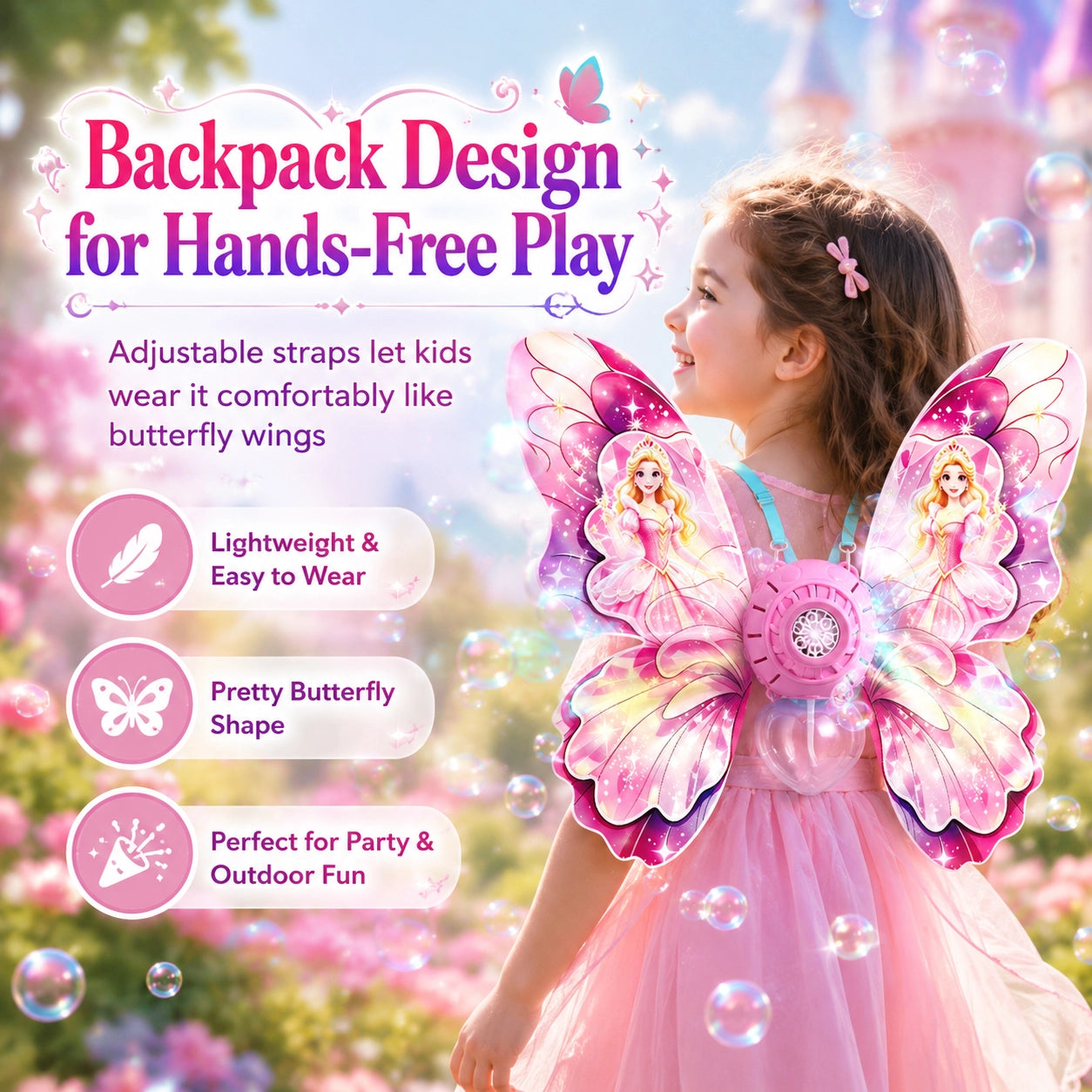 Butterfly Backpack Automatic Bubble Machine for Girls, Electric Bubble Blower Toy with Adjustable Shoulder Straps, 6 Bubble Nozzles, Colorful Flashing Lights, One-Button Bubble Maker for Kids, Outdoor Party & Birthday Gifts