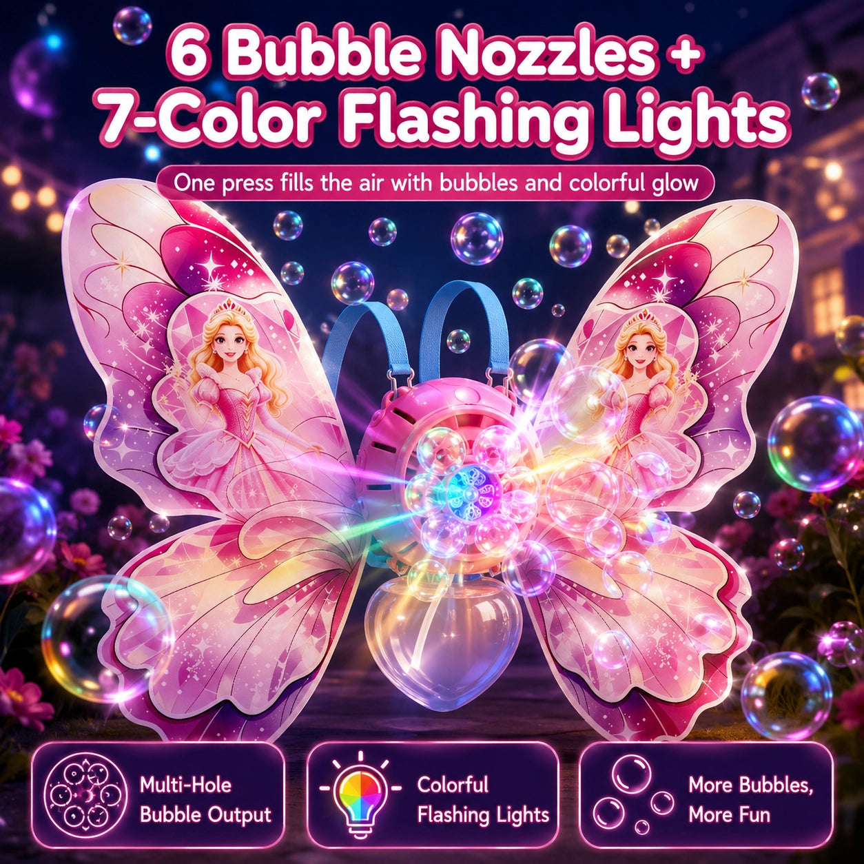 Butterfly Backpack Automatic Bubble Machine for Girls, Electric Bubble Blower Toy with Adjustable Shoulder Straps, 6 Bubble Nozzles, Colorful Flashing Lights, One-Button Bubble Maker for Kids, Outdoor Party & Birthday Gifts