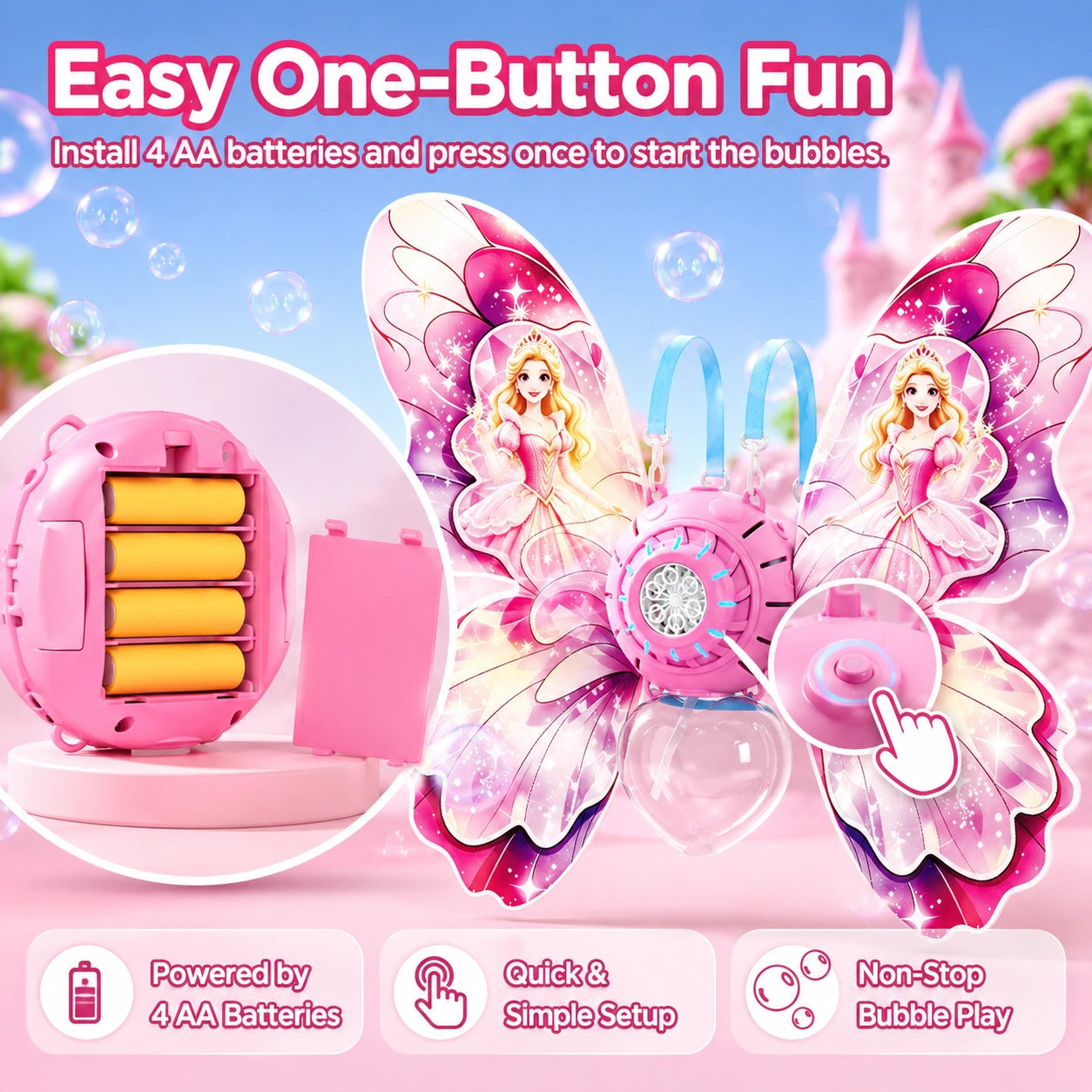 Butterfly Backpack Automatic Bubble Machine for Girls, Electric Bubble Blower Toy with Adjustable Shoulder Straps, 6 Bubble Nozzles, Colorful Flashing Lights, One-Button Bubble Maker for Kids, Outdoor Party & Birthday Gifts