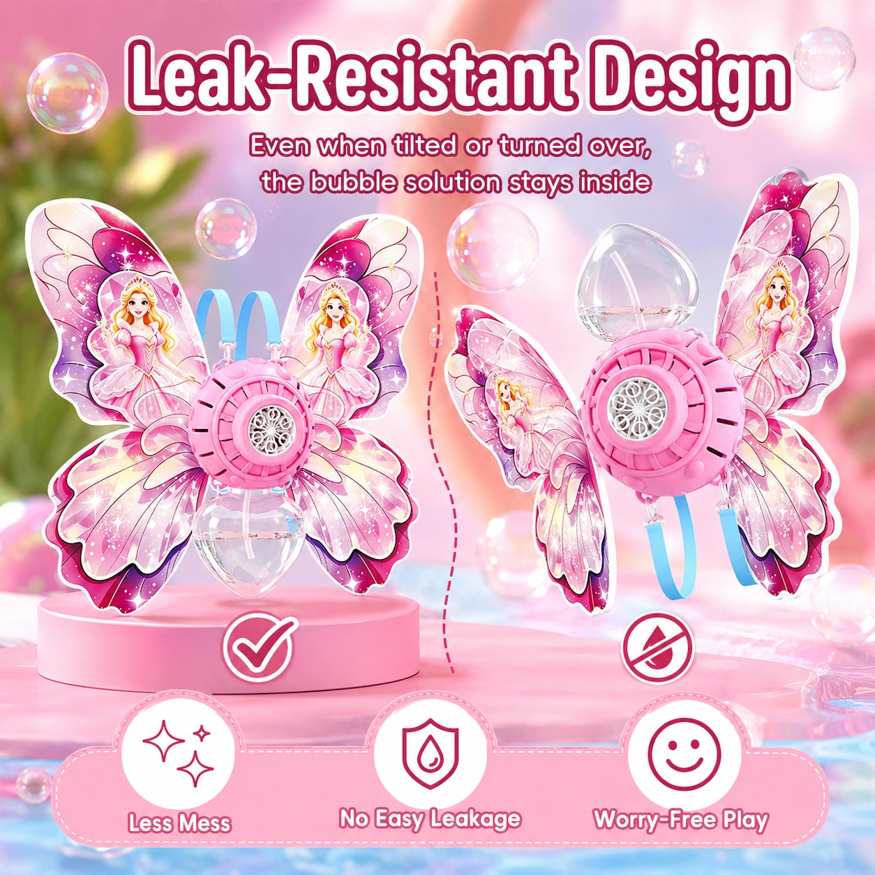 Butterfly Backpack Automatic Bubble Machine for Girls, Electric Bubble Blower Toy with Adjustable Shoulder Straps, 6 Bubble Nozzles, Colorful Flashing Lights, One-Button Bubble Maker for Kids, Outdoor Party & Birthday Gifts