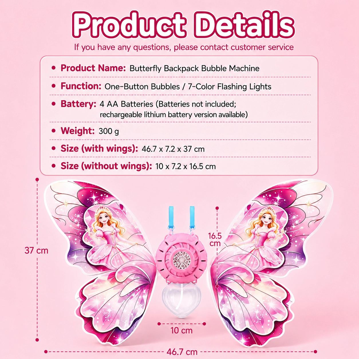 Butterfly Backpack Automatic Bubble Machine for Girls, Electric Bubble Blower Toy with Adjustable Shoulder Straps, 6 Bubble Nozzles, Colorful Flashing Lights, One-Button Bubble Maker for Kids, Outdoor Party & Birthday Gifts