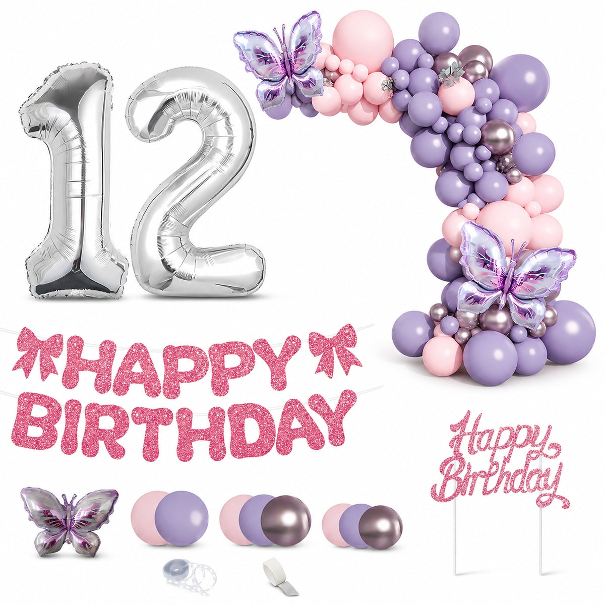 All-in-One Purple Birthday Decoration Kit with Balloon Garland, 32-Inch Number Balloons, Happy Birthday Banner & Cake Topper Party Set