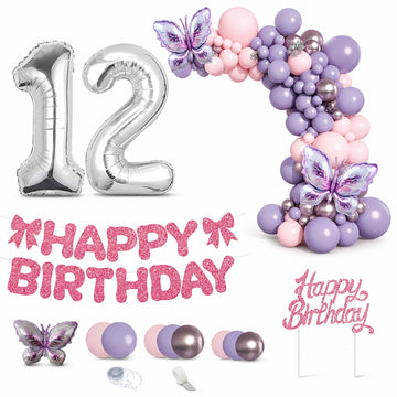 All-in-One Purple Birthday Decoration Kit with Balloon Garland, 32-Inch Number Balloons, Happy Birthday Banner & Cake Topper Party Set