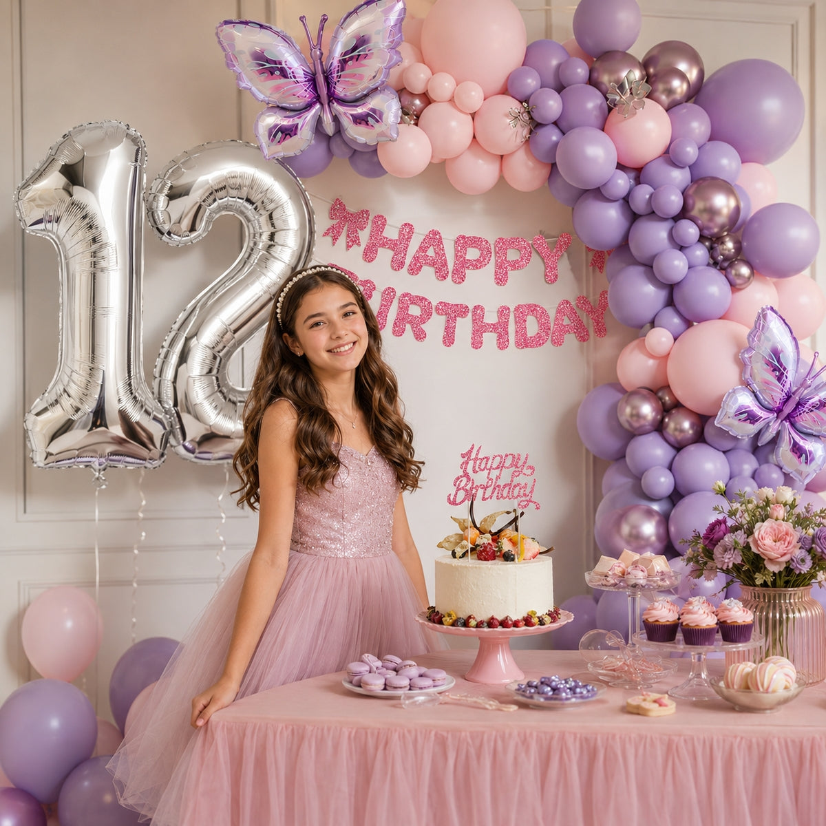 All-in-One Purple Birthday Decoration Kit with Balloon Garland, 32-Inch Number Balloons, Happy Birthday Banner & Cake Topper Party Set