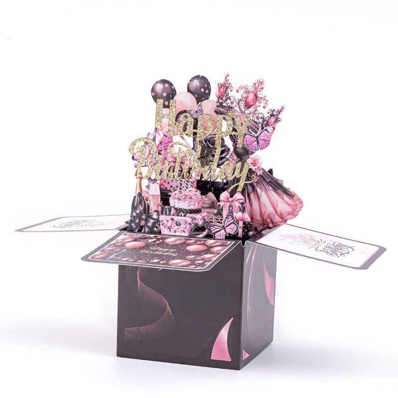 3D Black-Purple Birthday Card Featuring a Pink Dress and Balloons – Birthday Gift for Women