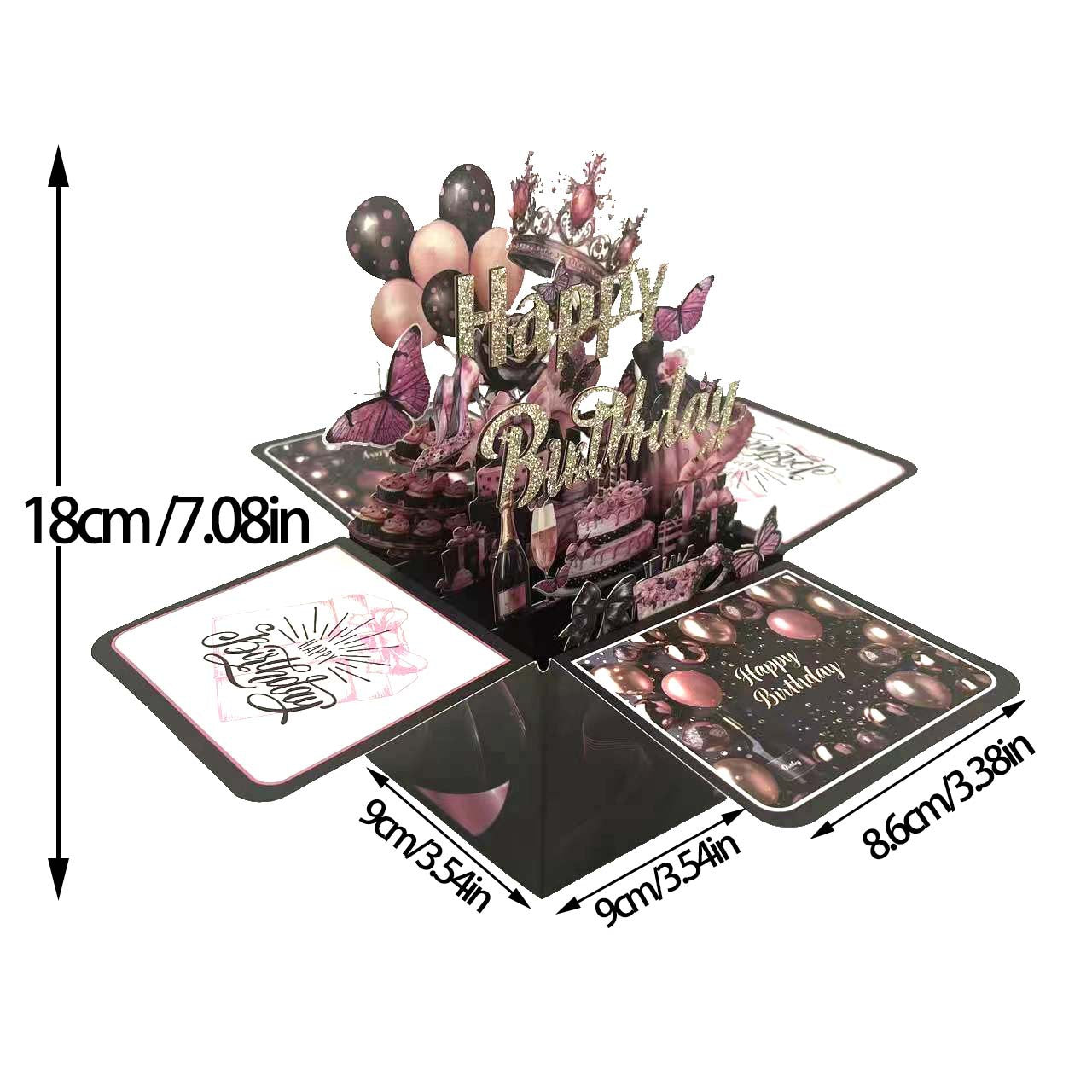3D Black-Purple Birthday Card Featuring a Pink Dress and Balloons – Birthday Gift for Women