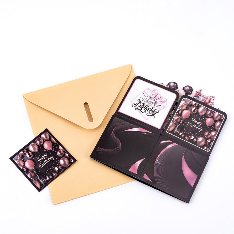 3D Black-Purple Birthday Card Featuring a Pink Dress and Balloons – Birthday Gift for Women