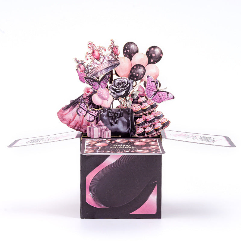 3D Black-Purple Birthday Card Featuring a Pink Dress and Balloons – Birthday Gift for Women