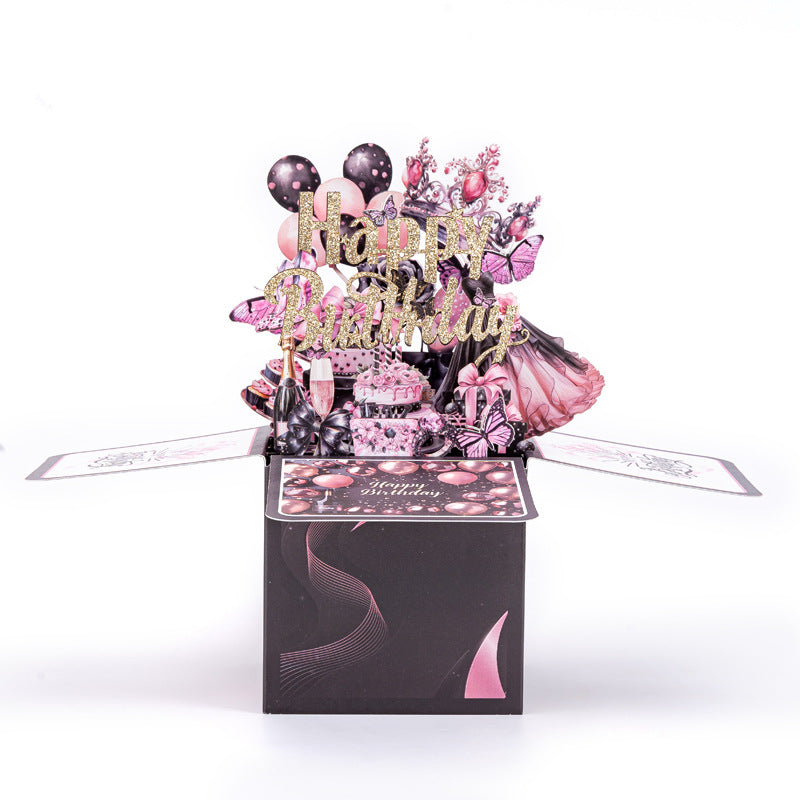 3D Black-Purple Birthday Card Featuring a Pink Dress and Balloons – Birthday Gift for Women